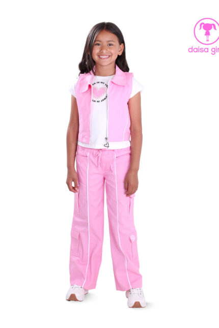 conjunto-pantalon-chaleco-dril-palazo-caucho-bolsillos-laterales-tapa-cargo-rosado-camiseta-vista-delantero-ropa-para-nina-daisa-girls-bogota-colombia
