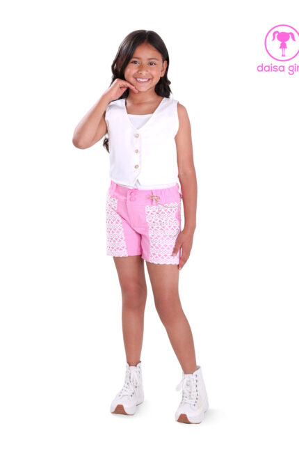 conjunto-short-dril-cremalleras-botones-crochet-corte-chaleco-dril-rigido-crop-escote-v-manga-sisa-rosado-ropa-para-nina-daisa-girls-bogota-colombia