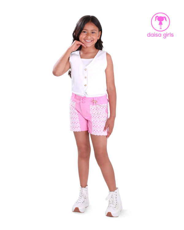 conjunto-short-dril-cremalleras-botones-crochet-corte-chaleco-dril-rigido-crop-escote-v-manga-sisa-rosado-ropa-para-nina-daisa-girls-bogota-colombia