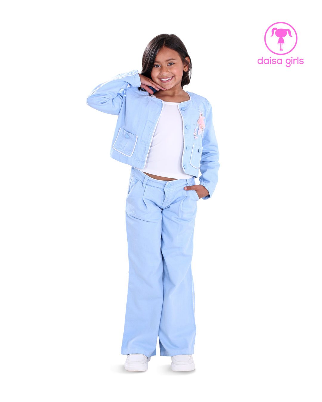 conjunto-apt-rigido-chaqueta-corta-escote-redondo-botones-bolsillos-pantalon-palazzo-flare-encauchado-pliegues-azul-flor-ropa-para-nina-daisa-girls-bogota-colombia
