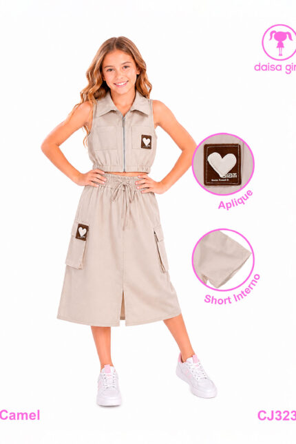 chaleco-falda-short-rayon-encauchada-manga sisa-bolsillos-cargo-cremallera-camel-1-daisa-girls-ropa-para-niña-bogota-colombia