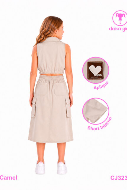 chaleco-falda-short-rayon-encauchada-manga sisa-bolsillos-cargo-cremallera-camel-2-daisa-girls-ropa-para-niña-bogota-colombia